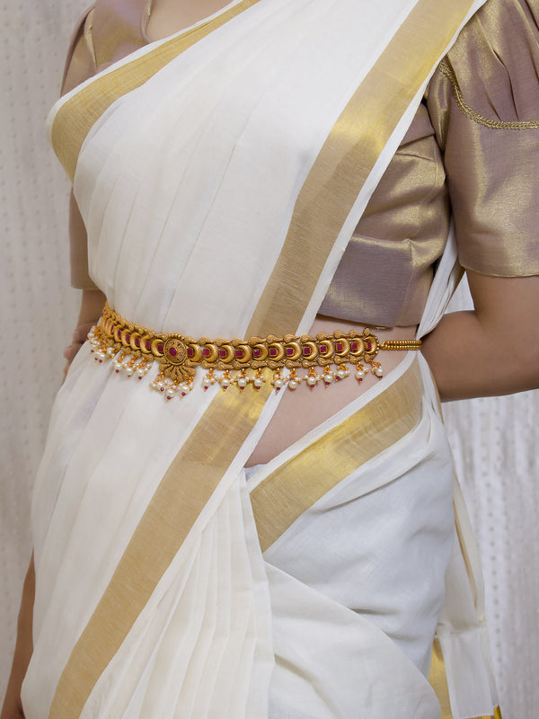 Avismaya High Quality Gold Plated Circular Shape Halfmoon Design Pink Color Stones With Hanging Pearls Adjustable Traditional Waist Belt