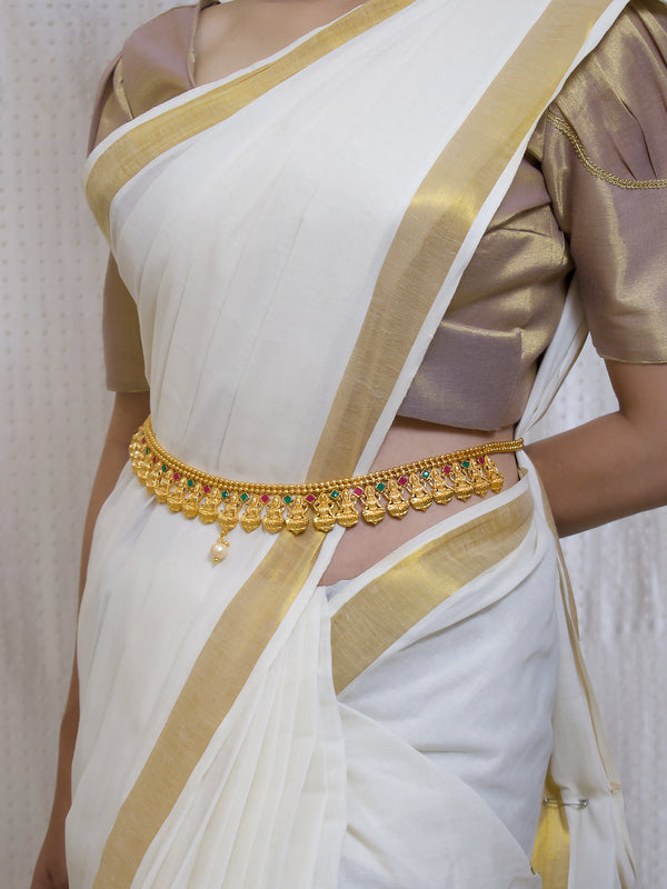 Avismaya High Quality Gold Plated Lakshmi Design Motifs With Hanging Pearl Adjustable Traditional Waist Belt
