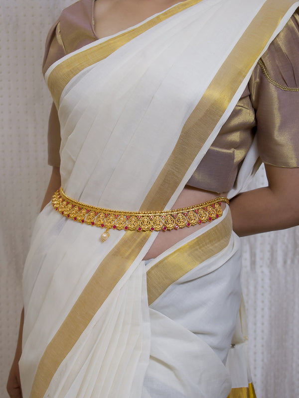 Avismaya High Quality Gold Plated Lakshmi Design Motifs Pink Color Ruby Stone With Hanging Pearl Adjustable Traditional Waist Belt