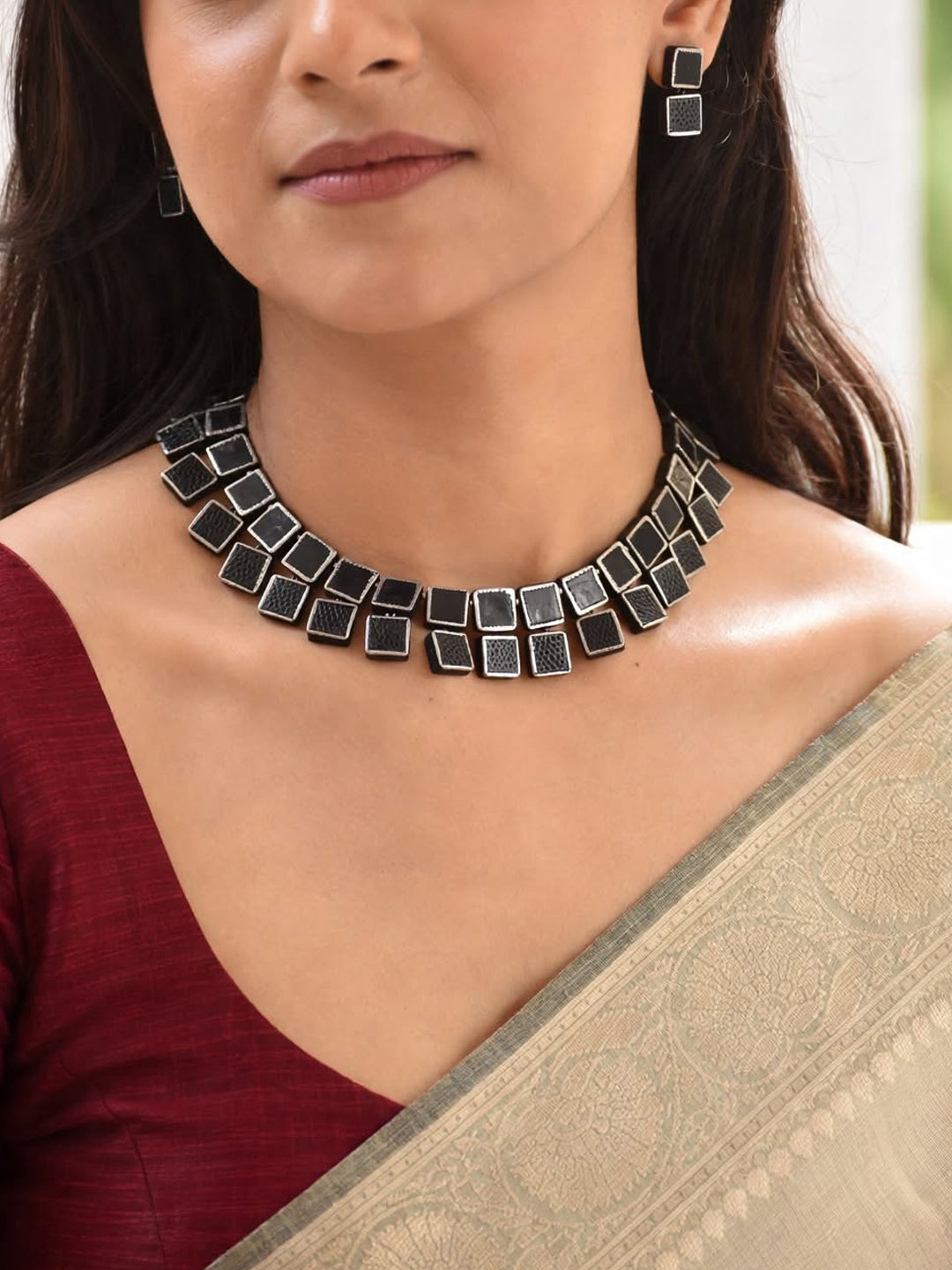 Black and Silver Geometric Square Box Design Handmade Terracotta Necklace Set