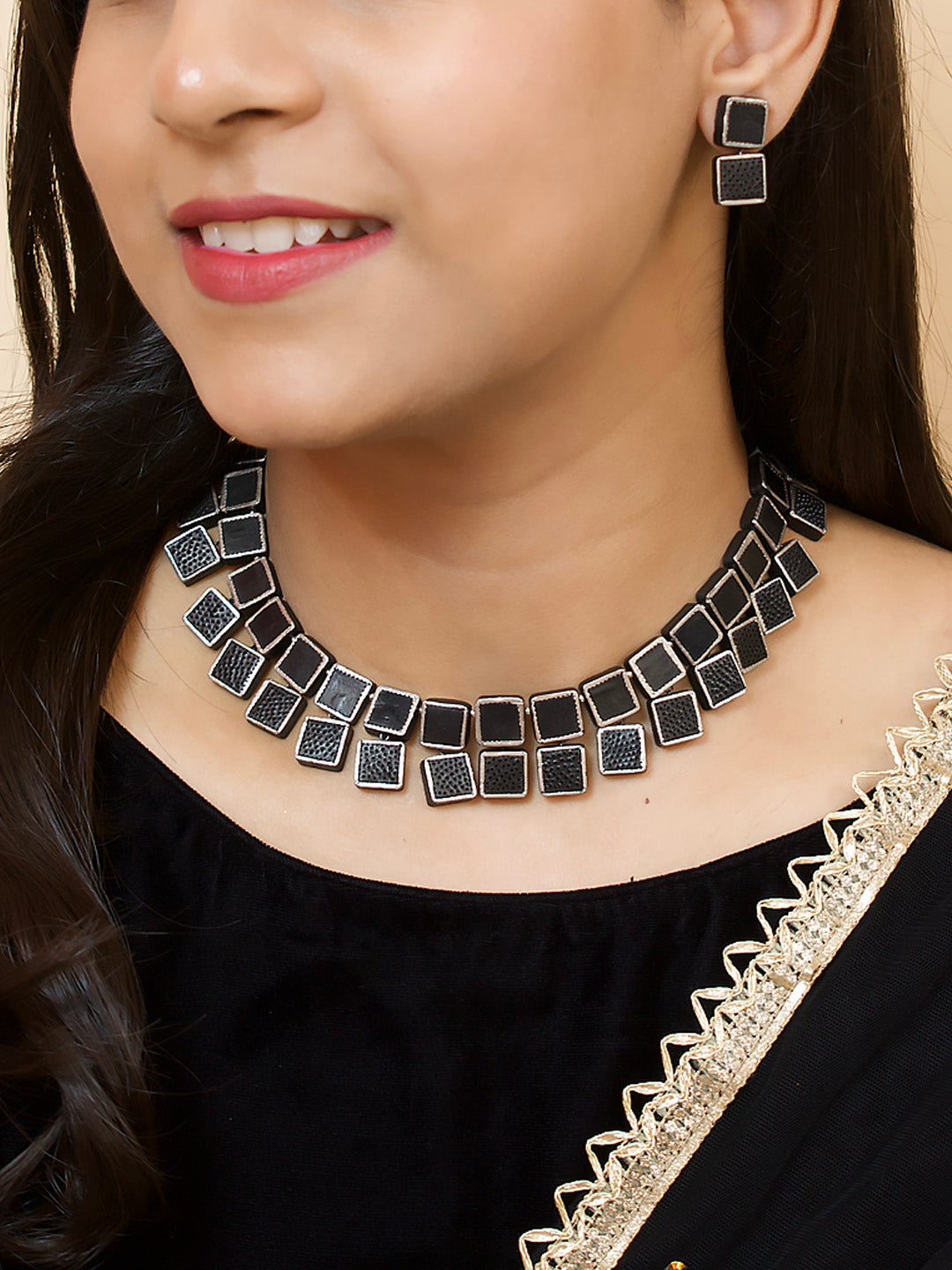 Black and Silver Geometric Square Box Design Handmade Terracotta Necklace Set