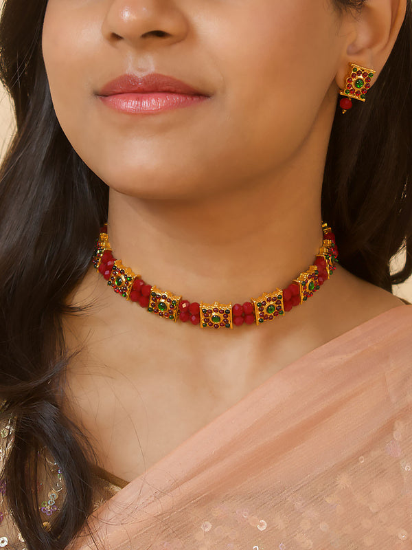 Red Green Gold Maroon Crystal Beads and Stones Choker Necklace Set