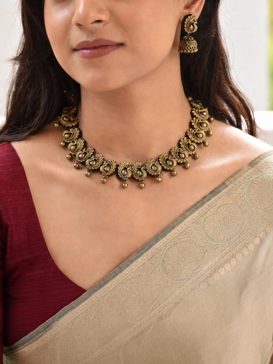 Antique Gold Peacock Design Handmade Terracotta Necklace Set