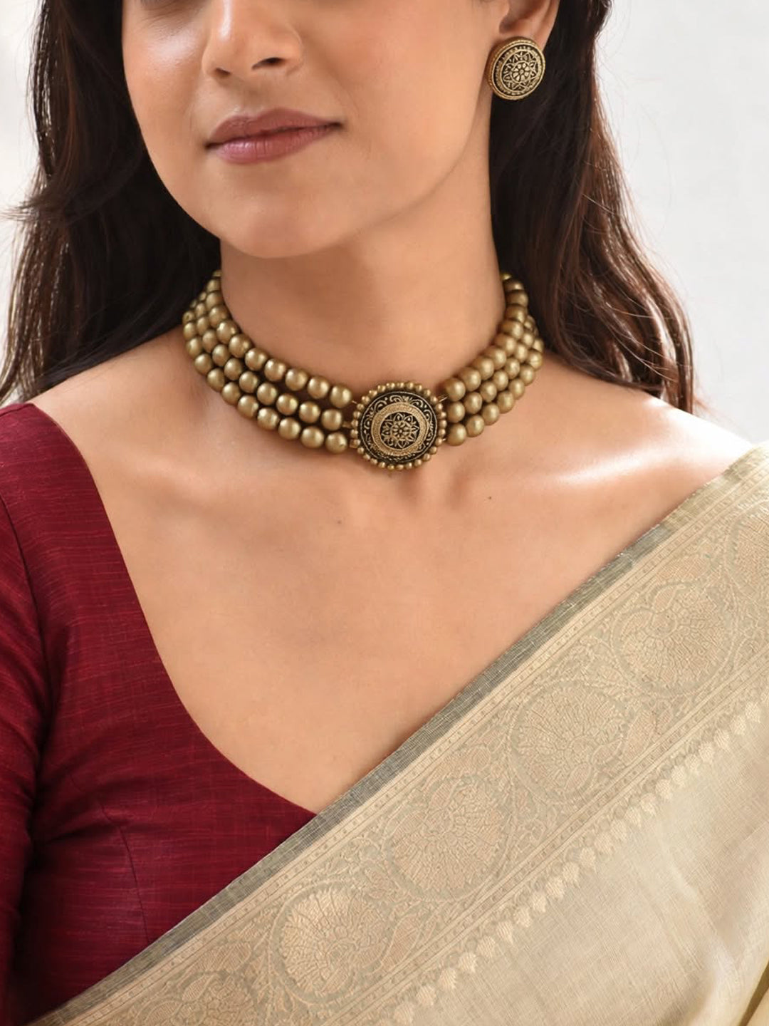 Antique Gold Victorian Choker 3 layered Handmade Terracotta Necklace Set