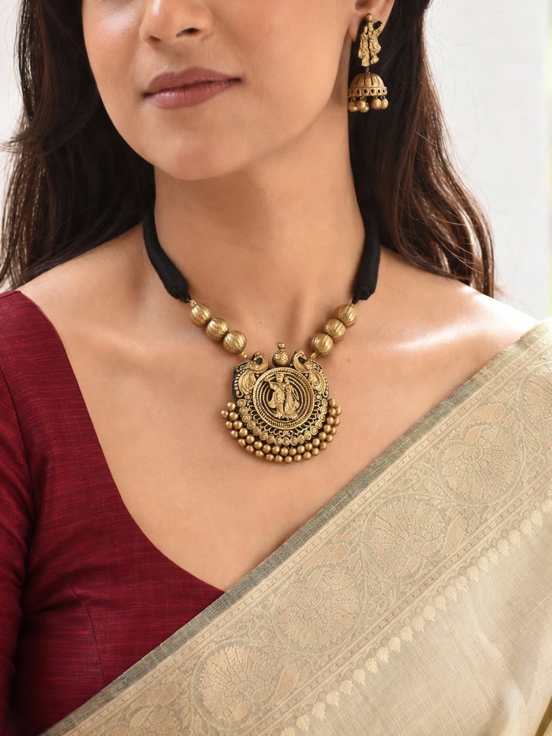 Antique Gold Radha Krishna Design Temple Handmade Terracotta Necklace Set
