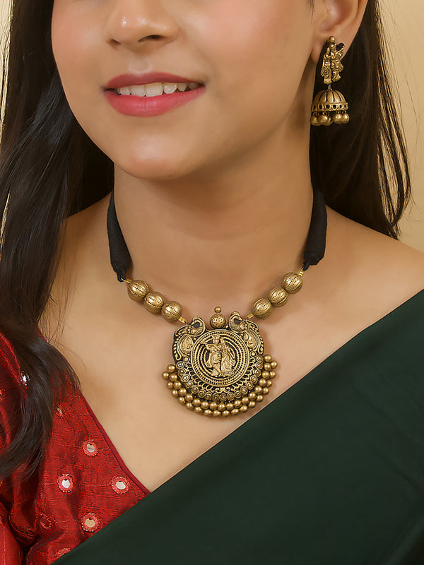 Antique Gold Radha Krishna Design Temple Handmade Terracotta Necklace Set