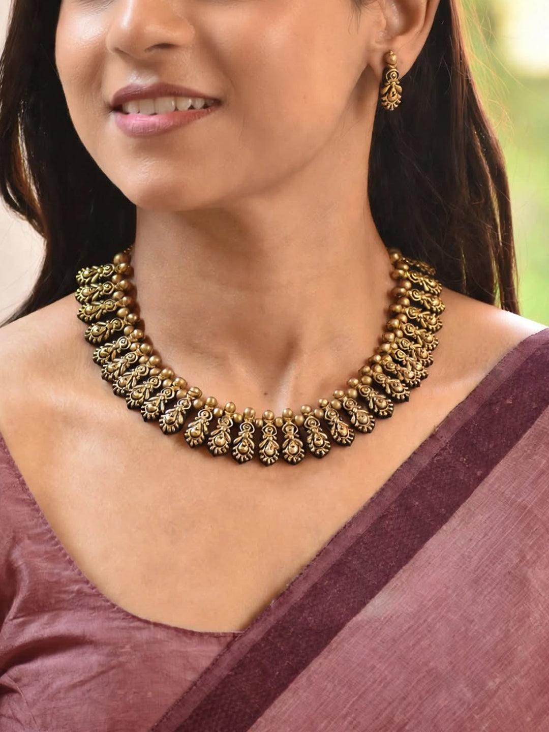Fringe Leaf Design Kolhapuri Style Handmade Terracotta Necklace Set
