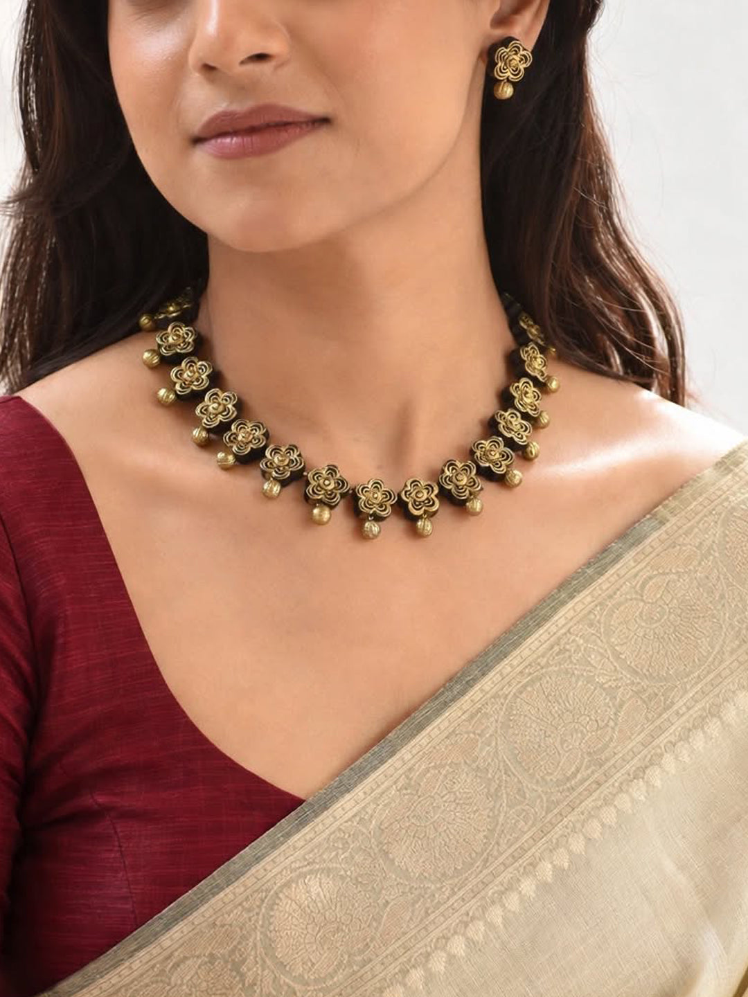 Antique Gold Floral 3D design minimalistic handmade terracotta necklace set