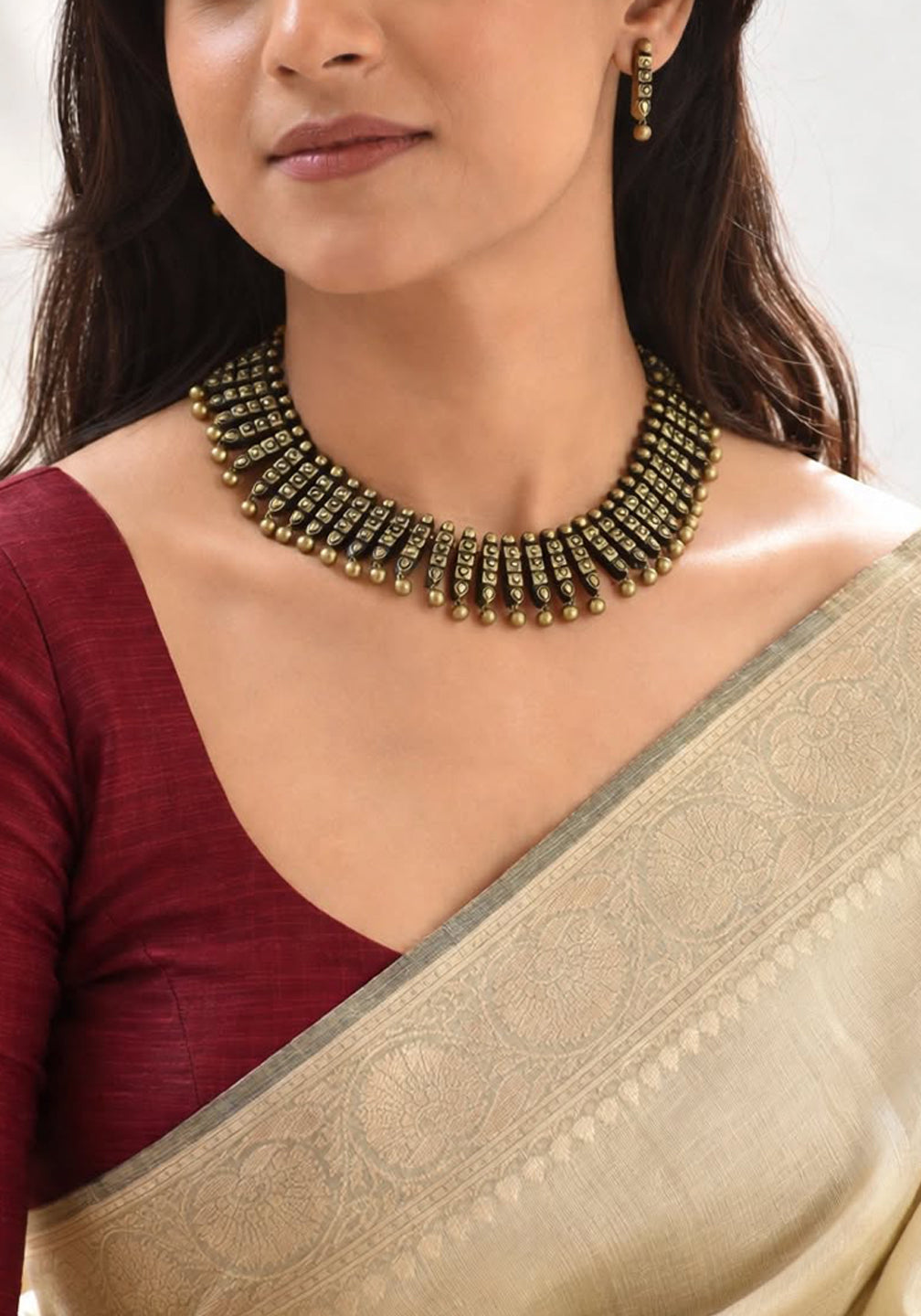 Antique Gold Contemporary Boho Fusion Broad Fringe Handmade Terracotta Necklace Set