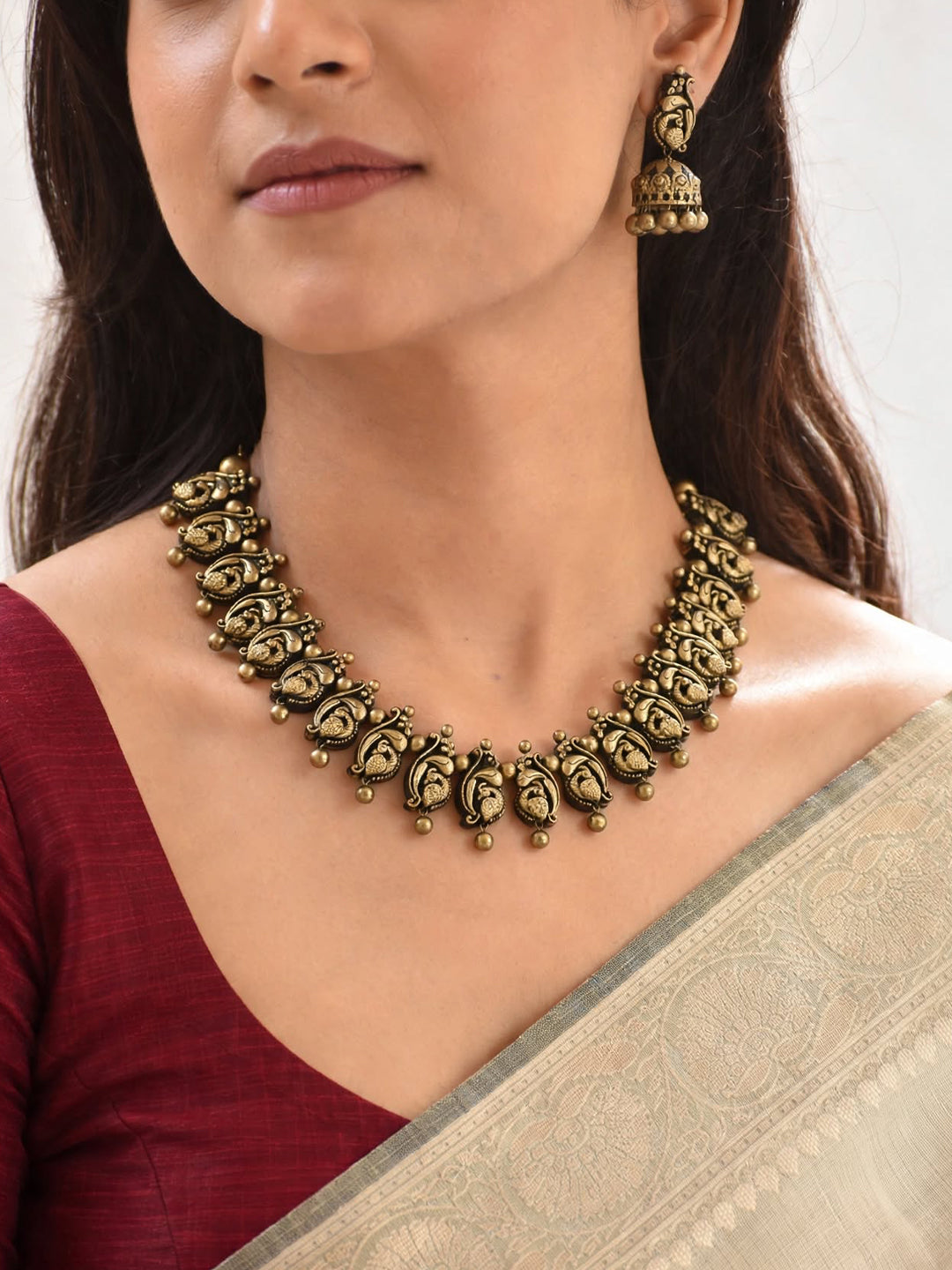 Antique Gold Peacock Design Handmade Terracotta Necklace Set