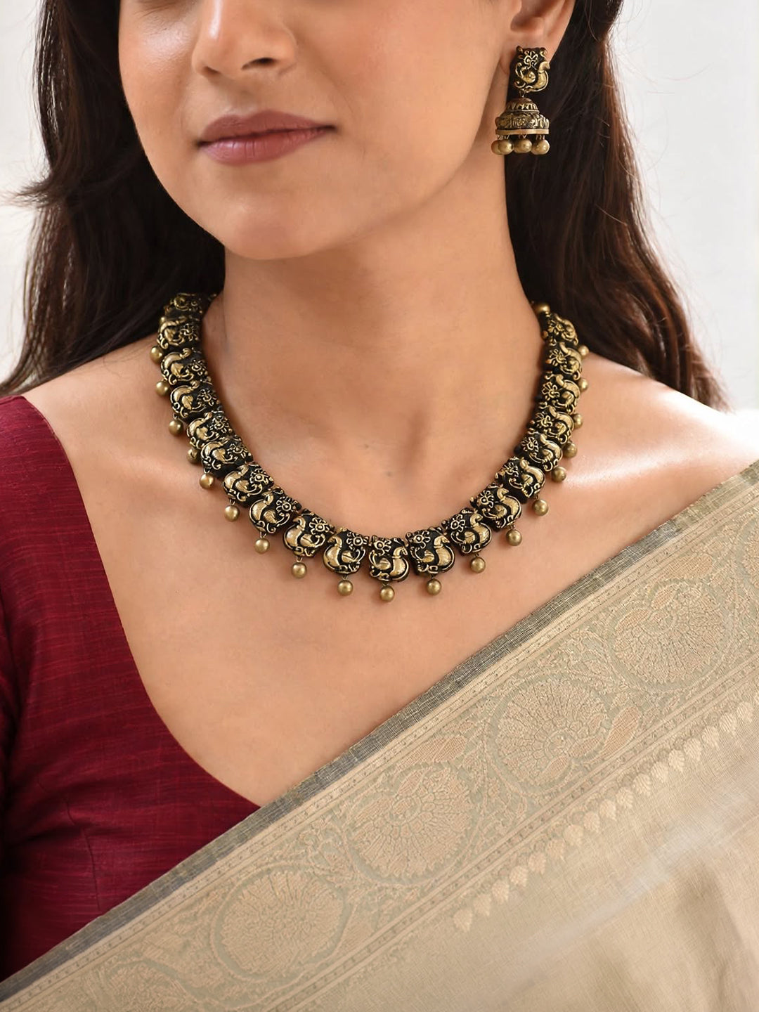 Antique Gold Peacock Design Handmade Terracotta Necklace Set