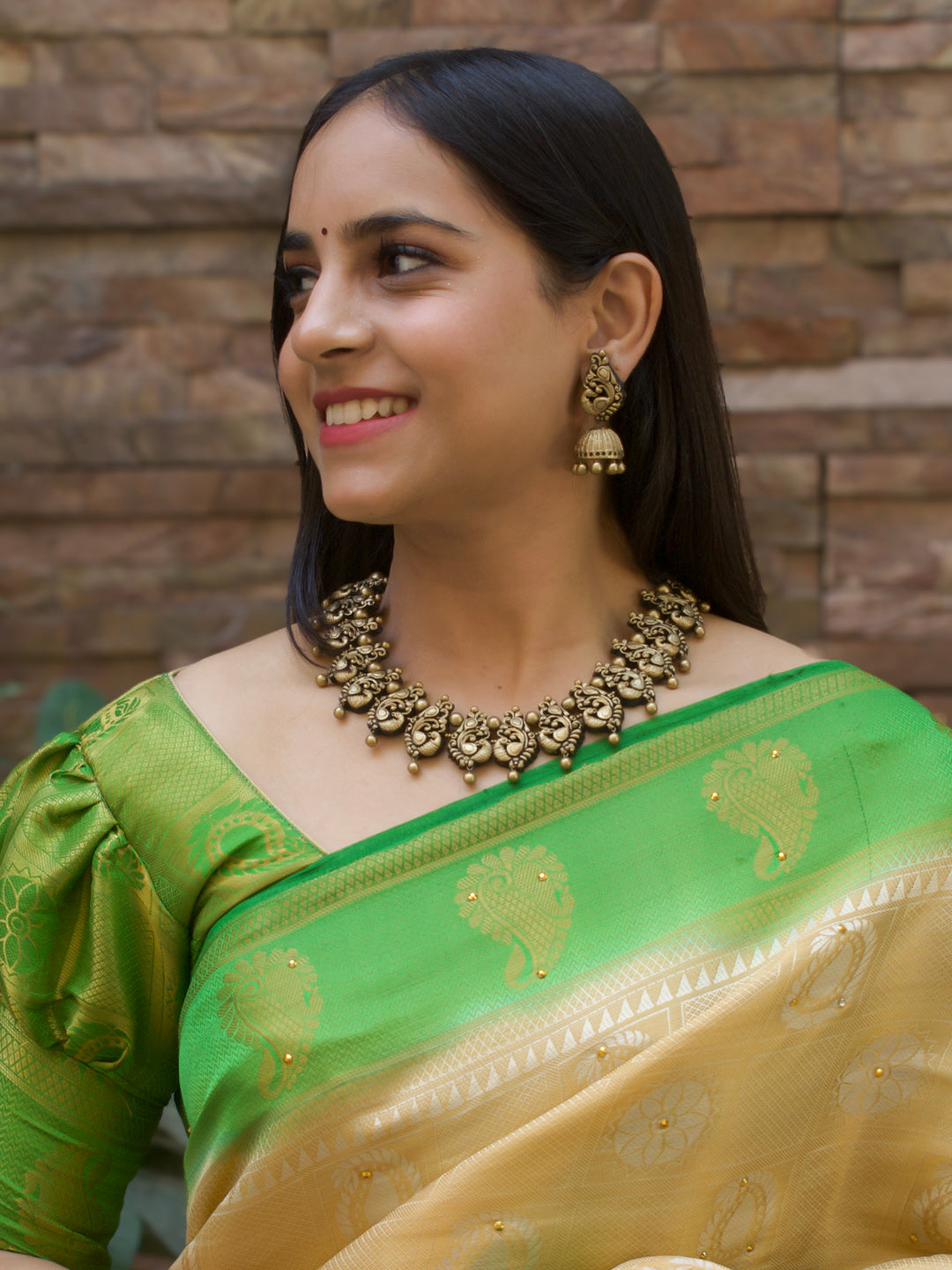 Antique Gold Peacock Temple Design Handmade Terracotta Necklace Set