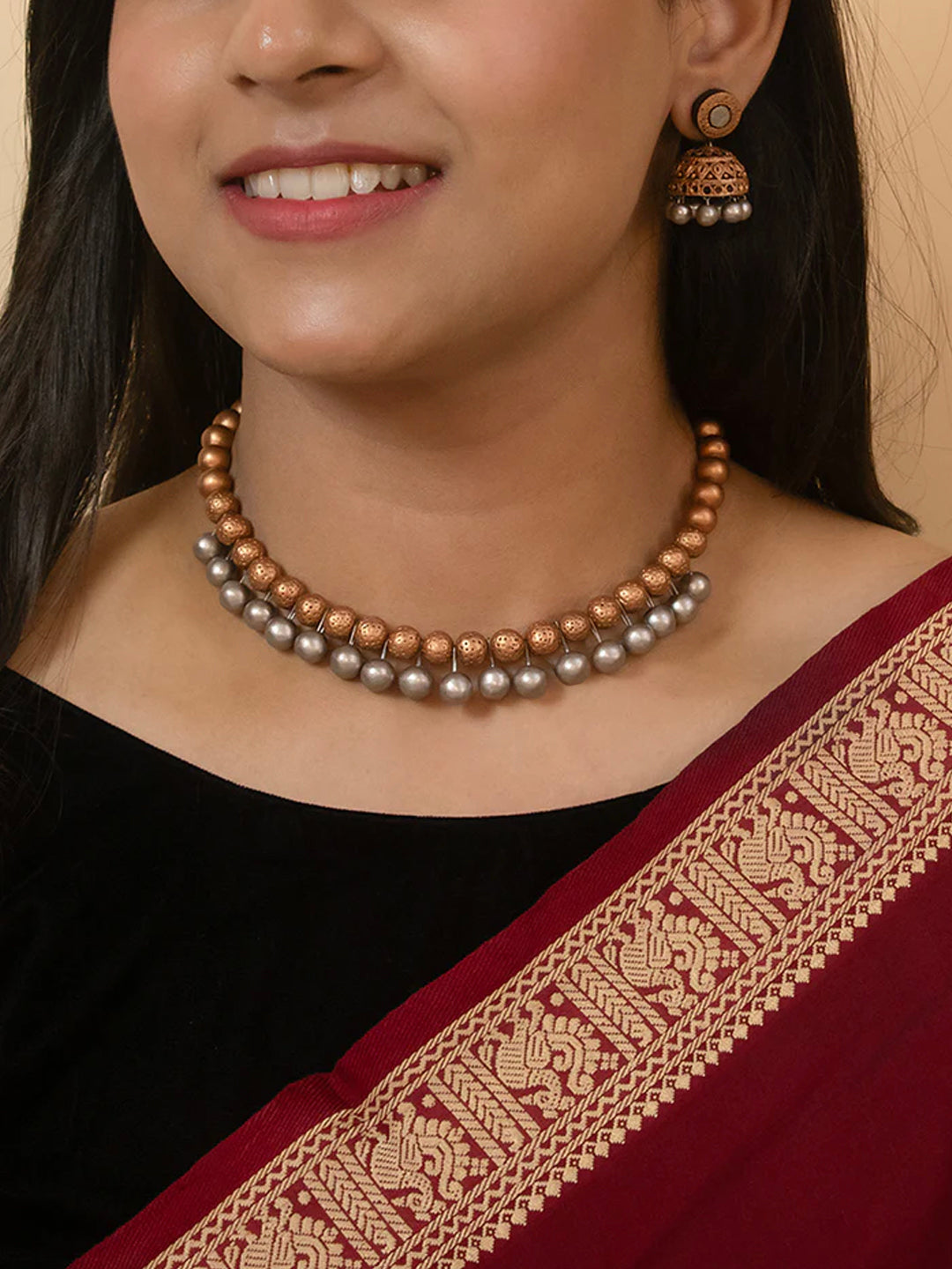 Antique Silver Rose Gold Dual Tone Handmade Terracotta Necklace Set