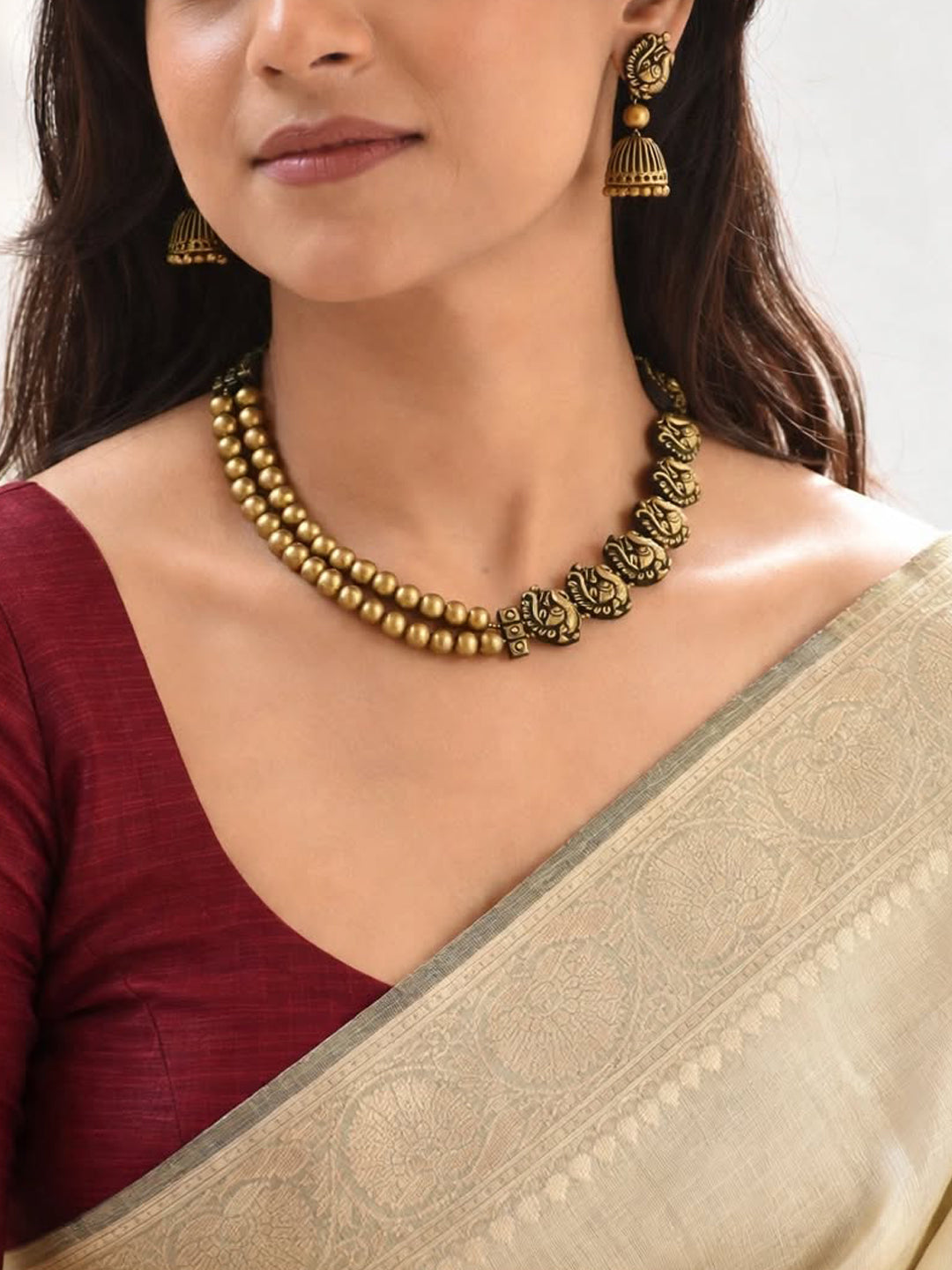 Mayuri - Asymmetric Design Peacock and Two Layered Beads Terracotta Necklace Set