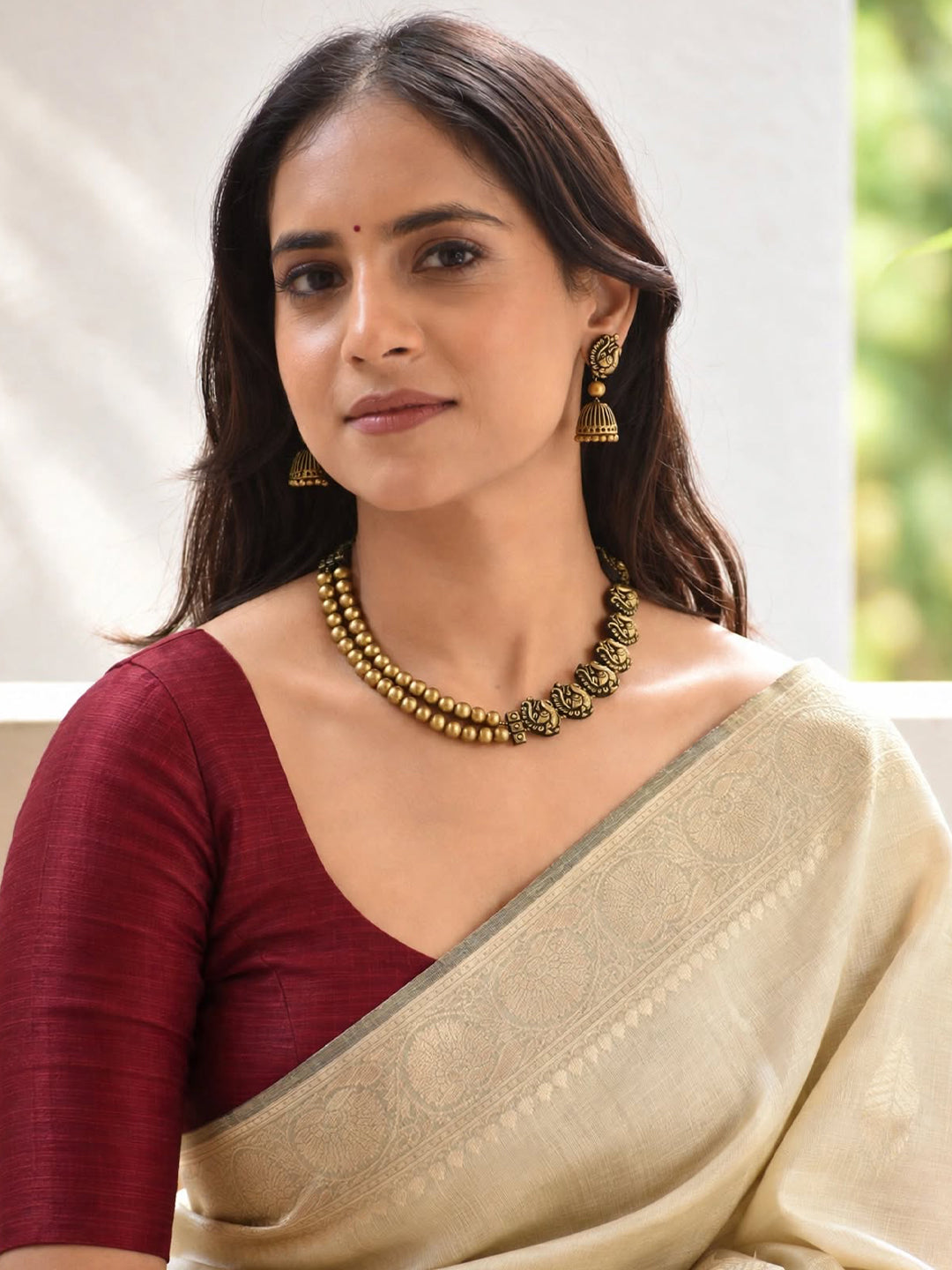 Mayuri - Asymmetric Design Peacock and Two Layered Beads Terracotta Necklace Set