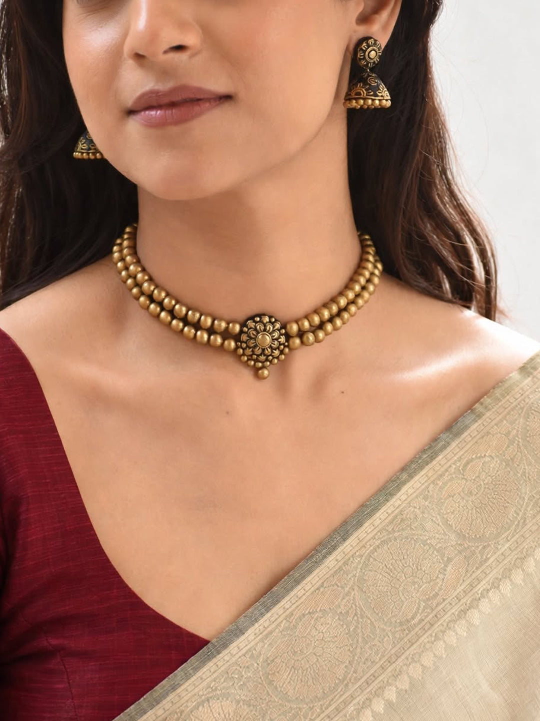 Floral Design Two Layered Victorian Choker Handmade Terracotta Necklace Set