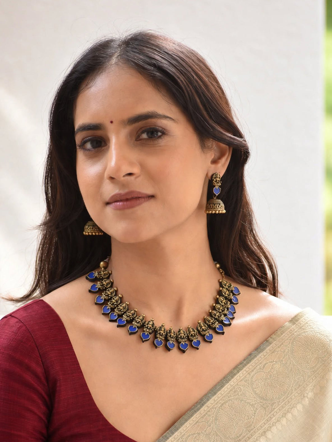 Antique Gold Blue Lakshmi Design Temple Terracotta Necklace Set