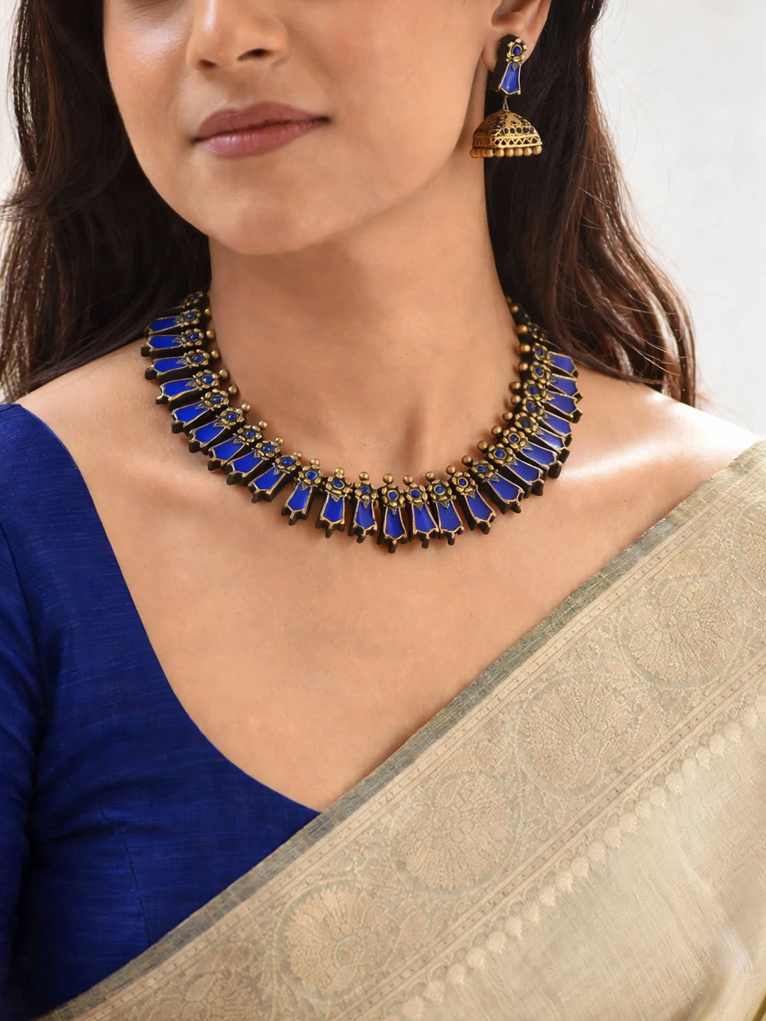 Antique Gold Blue Fringe Design Handmade Terracotta Necklace Set