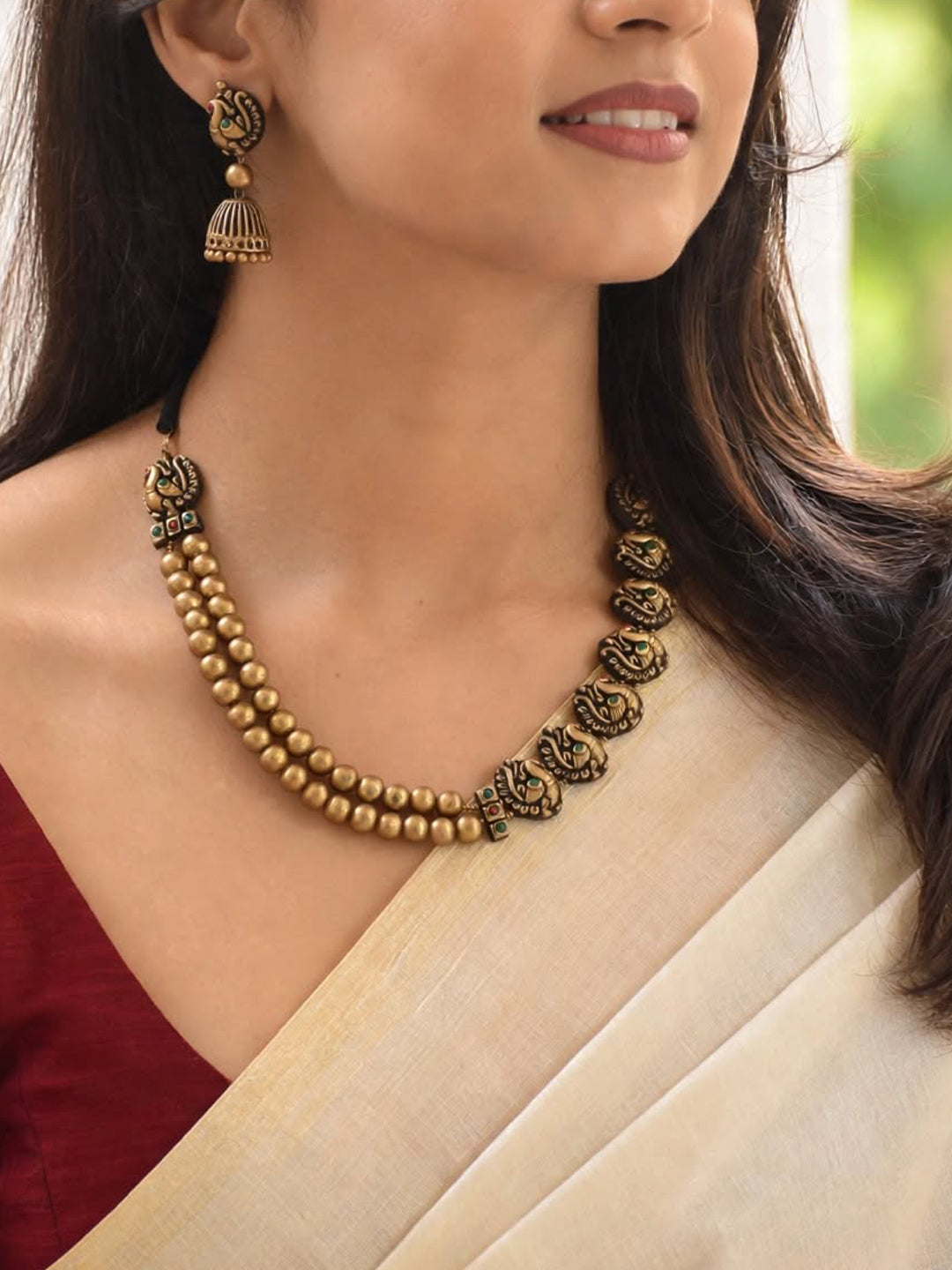 Mayura - Two Layered Beaded Asymetric Peacock Design Handmade Terracotta Necklace Set