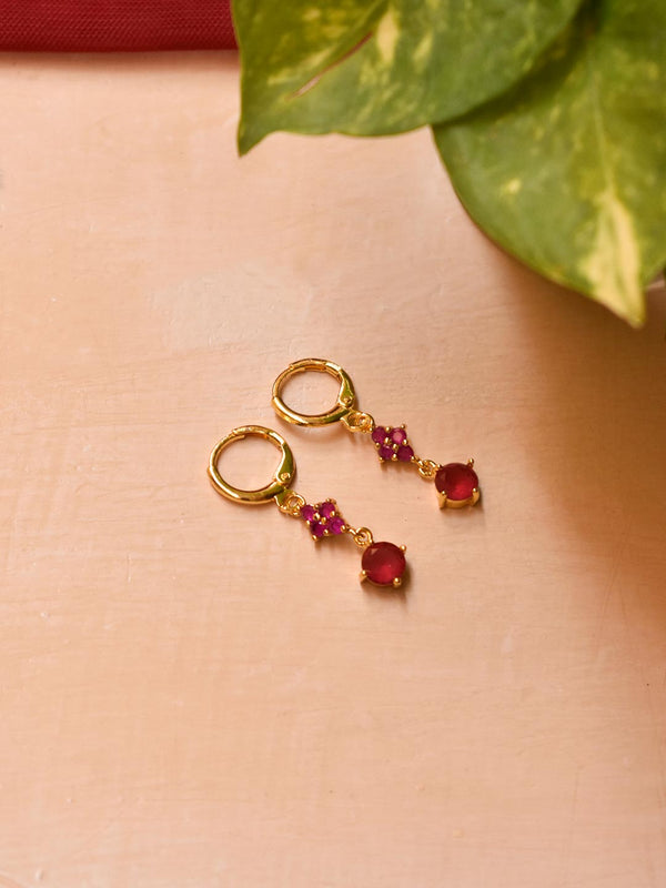 Gold Plated Pink Color Two Layered Rhombus Shape And Circular Shape Ruby Stones Drop Earring