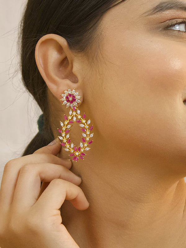 Avismaya Gold Plated Pink And White Color Stones Floral Design Dangler Earrings