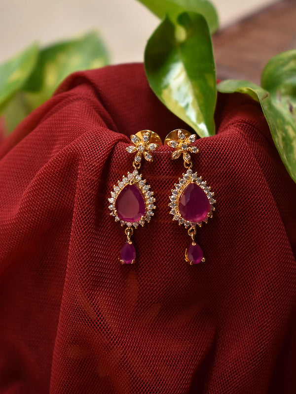 High Quality Gold Plated Floral Design Stud With Tear Drop Design Pink Color Ruby Stone Drop Earring