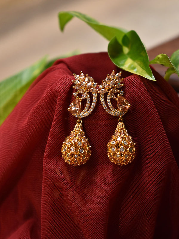 High Quality Gold Plated Peacock Design Stud With Hanging Bulb Shape Drop Earring