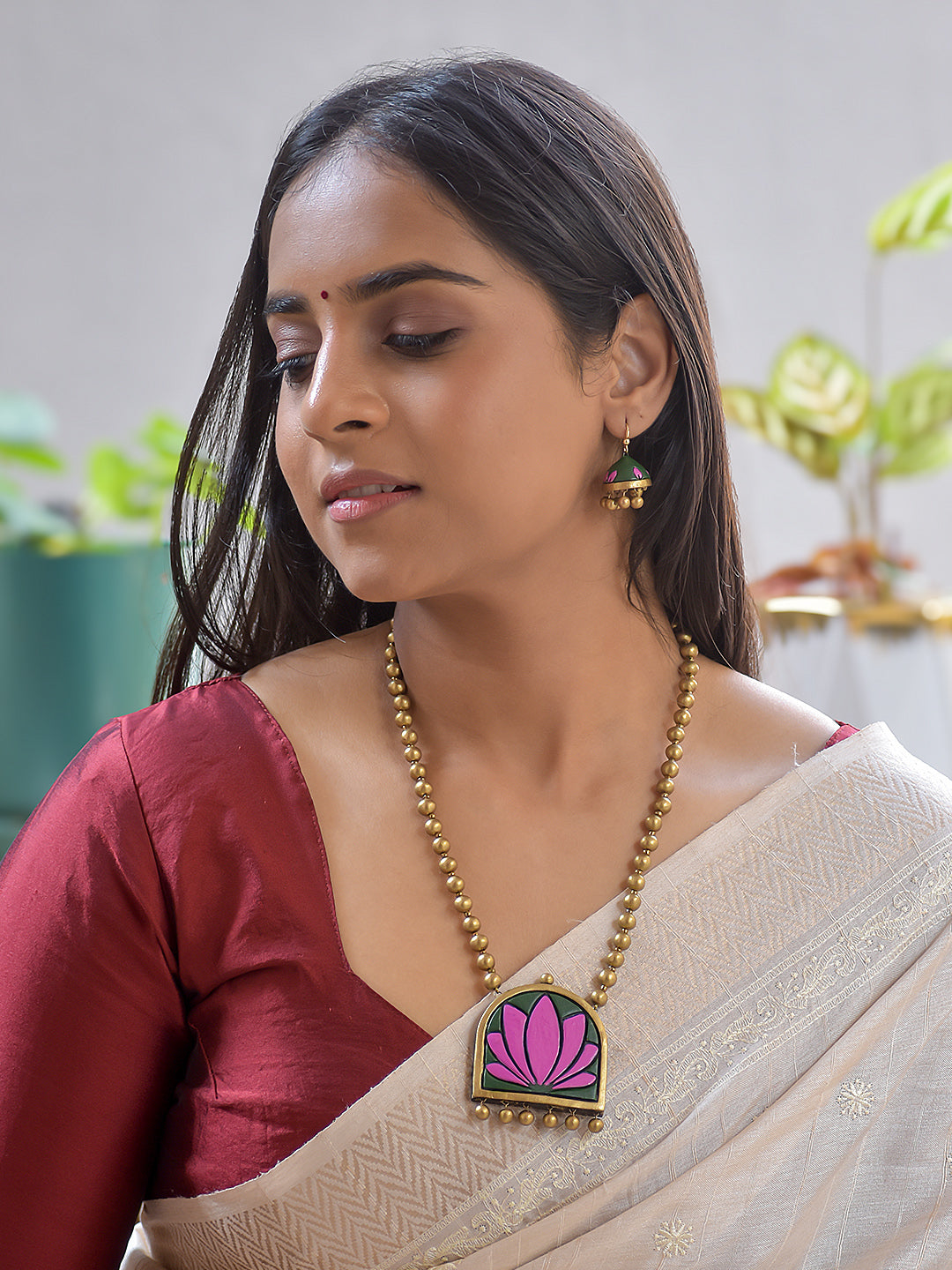 Padmamalini — Terracotta Golden Beaded with Hand-Painted Pink Lotus Pendant Necklace