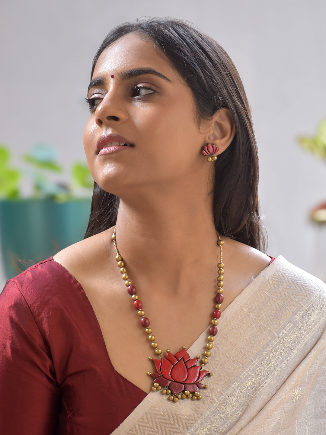 Terracotta Red Lotus Pendant Necklace with Golden Beads