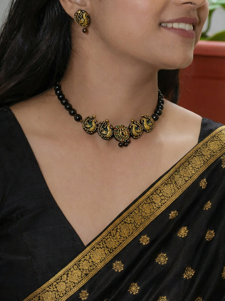 Taos — Antique Gold and Black Beaded Peacock Design Handmade Terracotta Choker Necklace Set