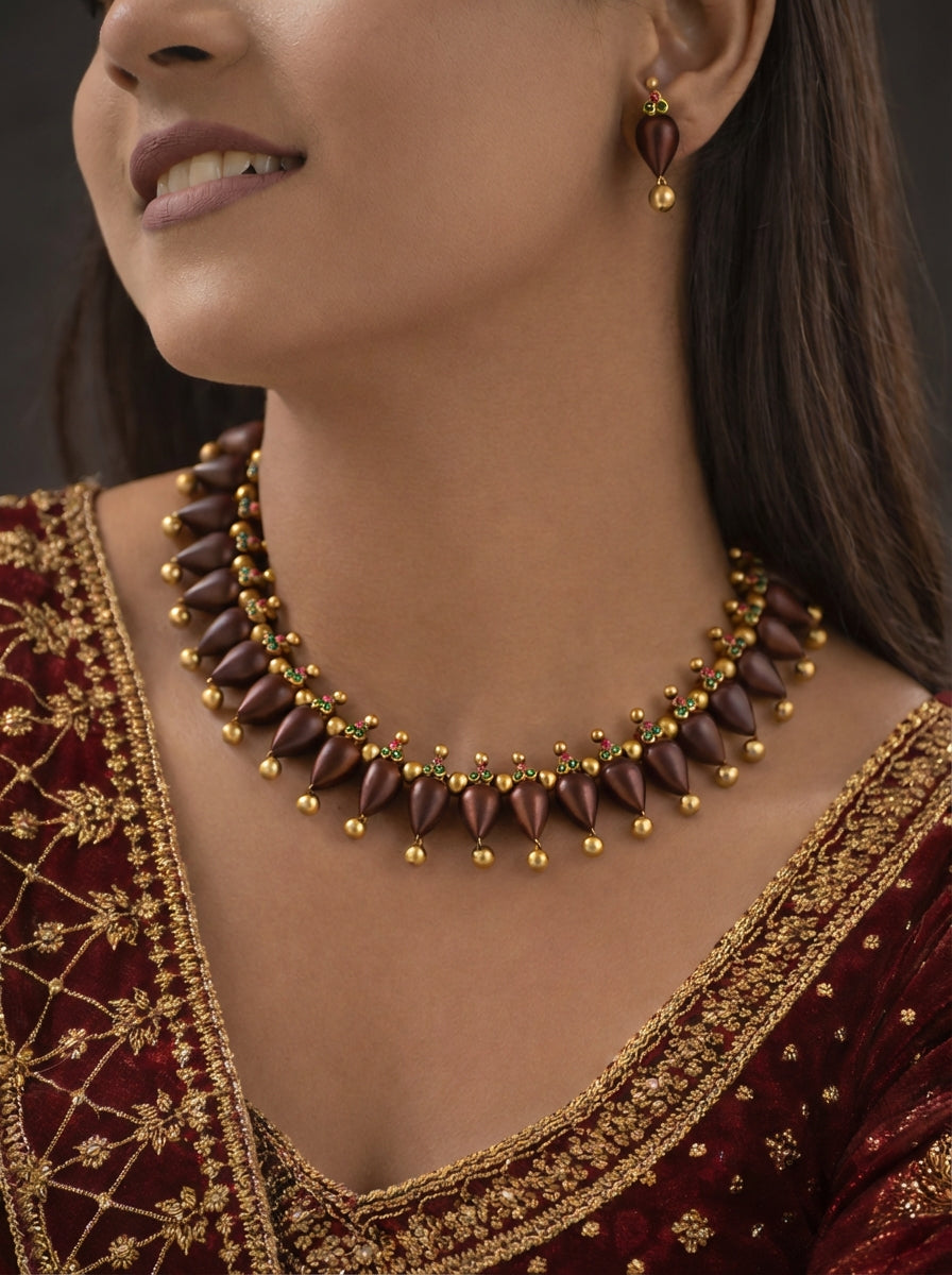 Velora Ember 🤎 — Handmade Chocolate Brown & Antique Gold Terracotta Drop Necklace Set