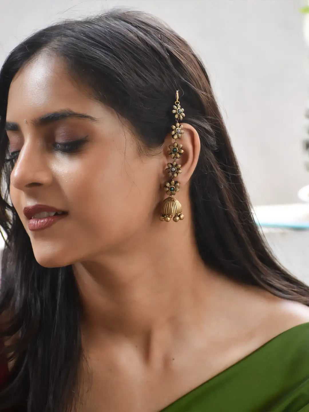 Antique Floral Ear Chain Jhumka Earrings