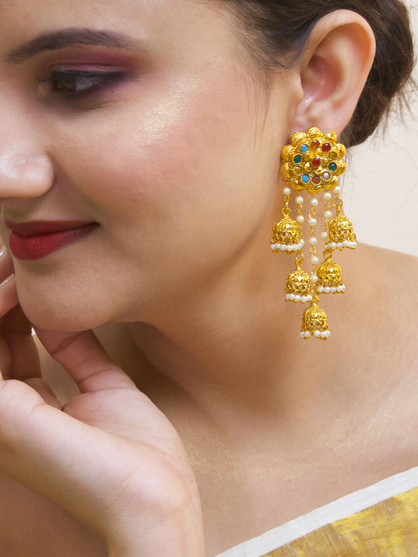 Avismaya High Quality Gold Plated Floral Design Multicolor Stones With Hanging Jhumkas Dangler Earring