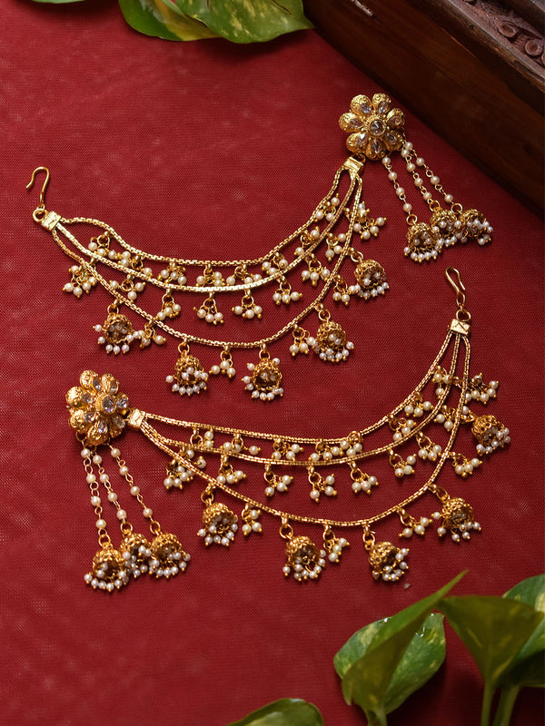 Traditional Gold Plated Floral Design Stud With Three Layered Pearls Hanging Jhumkas Hair Chain Bahubali Earrings