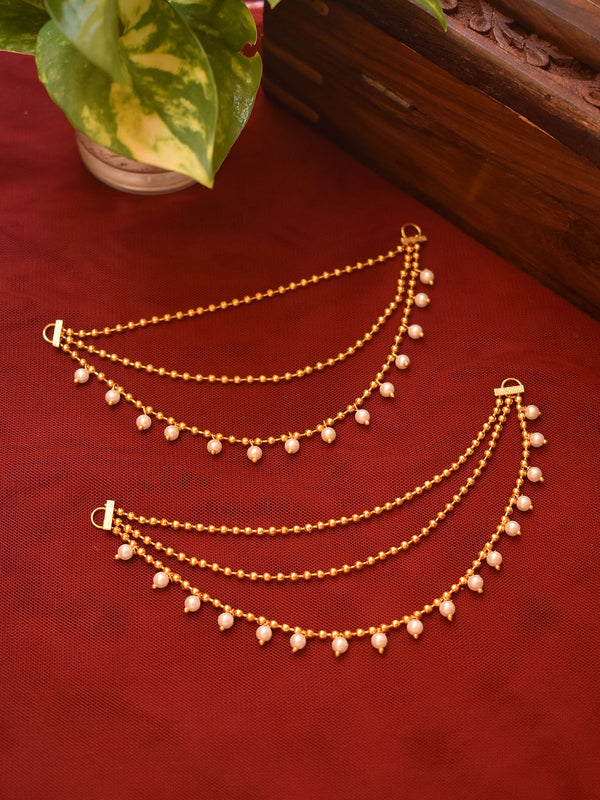 Avismaya High Quality Gold Plated Ball Chain With Hanging Pearls Three Layered Mati