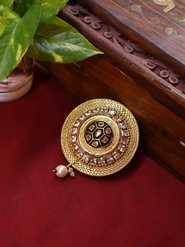 High Quality Antique Gold Plated Circular Shape White Color Stones Black Color Enamel Painted Saree Pin