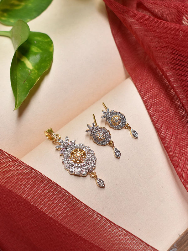 High Quality Gold Plated Circular Shape Pendant CZ Stones With Earring Set