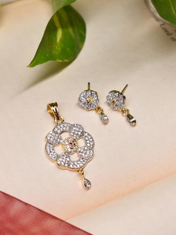 High Quality Gold Plated Floral Design Pendant CZ Stones With Earring Set