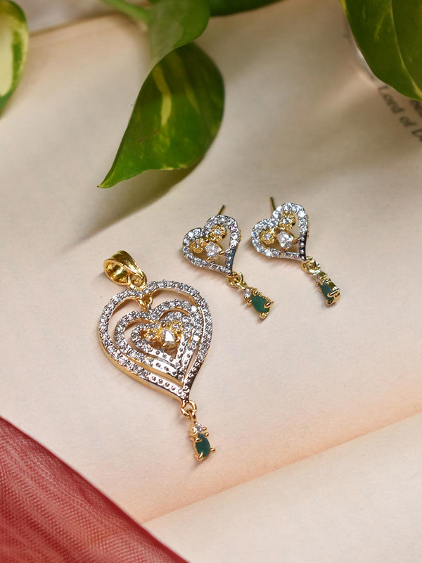 High Quality Gold Plated Three Layered Heart Design Pendant CZ Stones With Earring Set