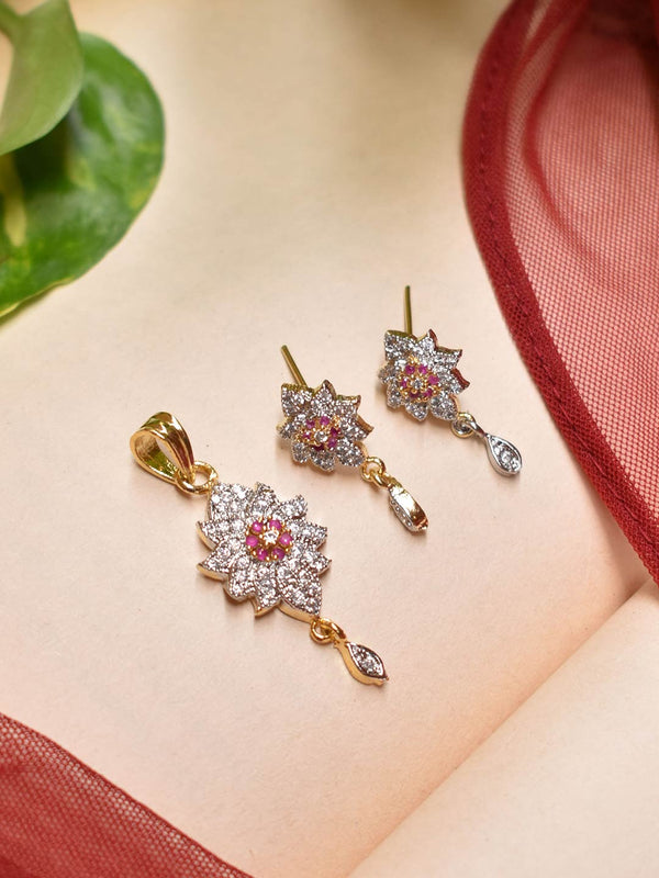 High Quality Gold Plated Floral Design Pendant CZ Stones With Earring Set