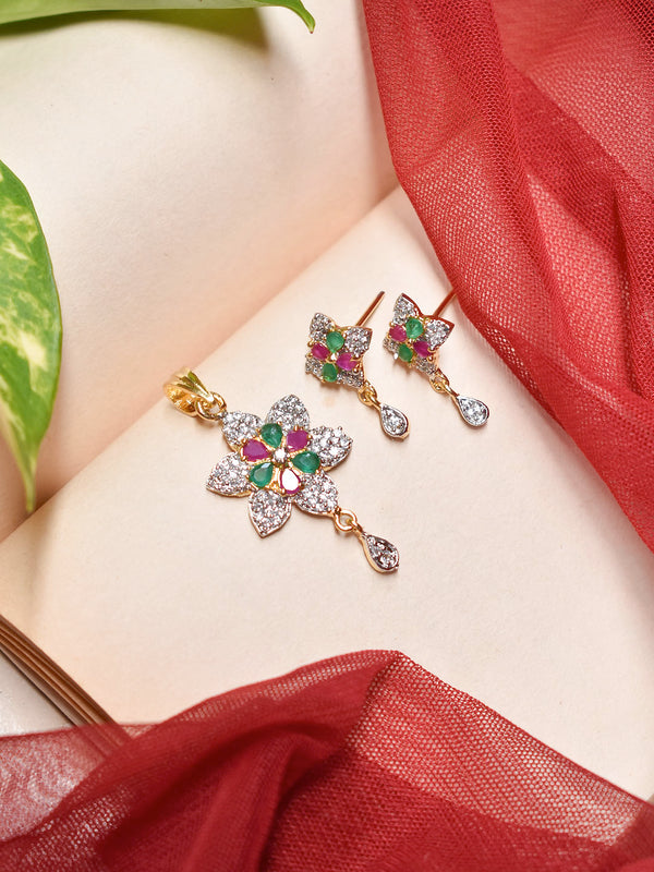 Avismaya Gold Plated CZ Stones Floral Design Pink And Green Color Pendant Set