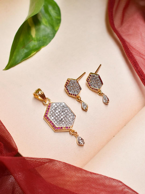 High Quality Gold Plated Geometrical Shape Pendant CZ Stones With Earring Set