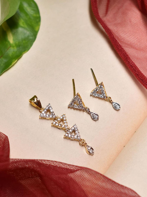 High Quality Gold Plated Three Layered Triangular Shape Pendant CZ Stones With Earring Set