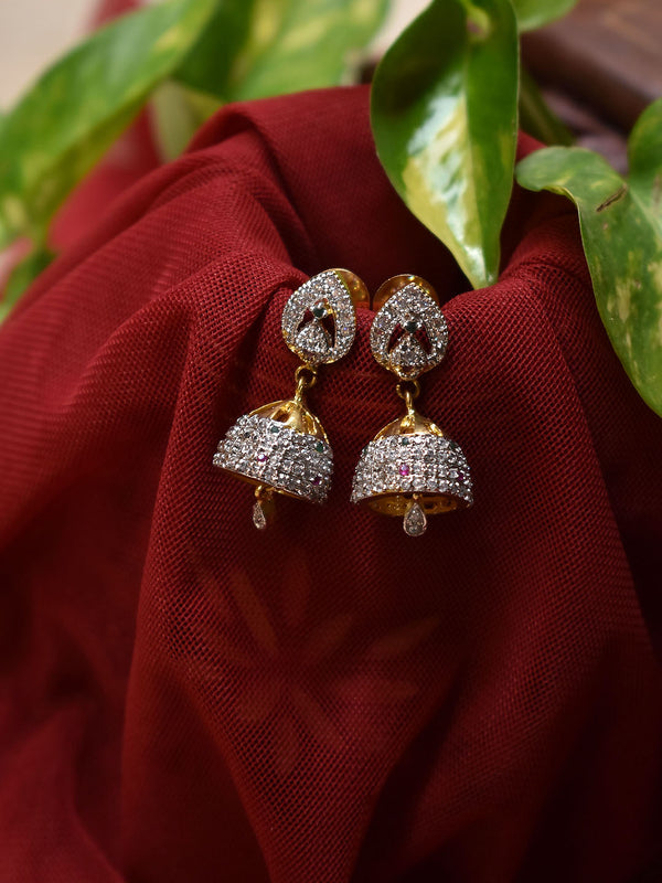 High Quality Gold Plated CZ Stones Tear Drop Design Jhumka Earring