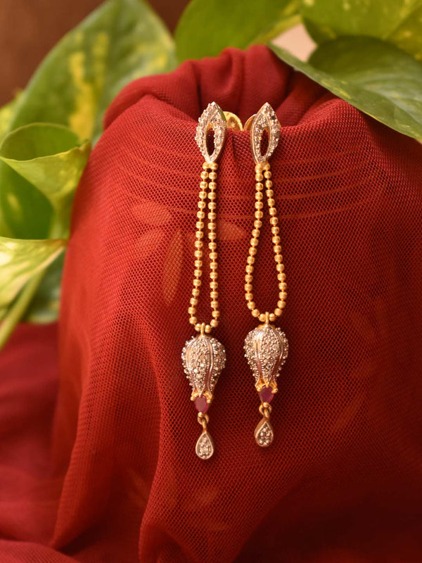 Gold Plated Oval Design Stud Cz Stones Hanging Chains Drop Earring