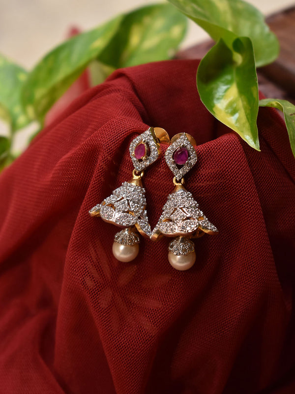 High Quality Gold Plated Rhombus Shape Stud With CZ Stones And Ruby Stone Jhumka Earring