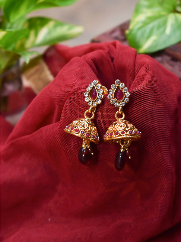 Gold Plated Tear Drop Design Stud Maroon And White Color Stones With Hanging Beads Jhumka Earring