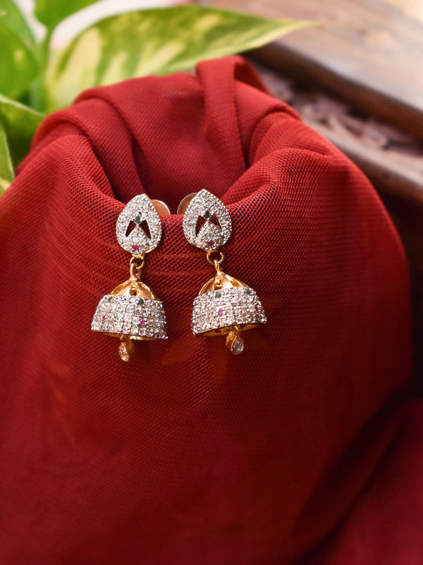 Gold Plated Tear Drop Design CZ Stones Jhumka Earring