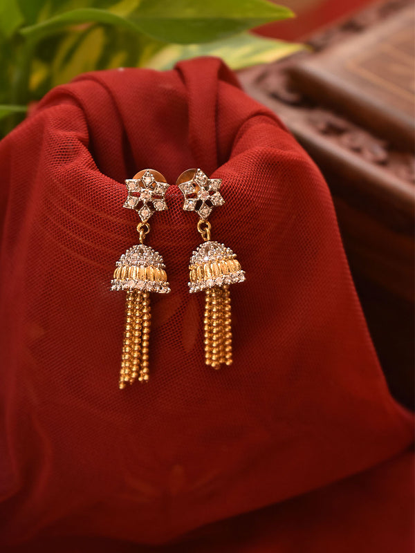 Gold Plated Floral Design CZ Stone With Hanging Chains Jhumka Earring