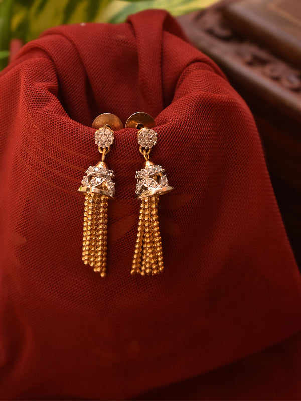 Gold Plated Circular Design CZ Stone With Hanging Chains Jhumka Earring